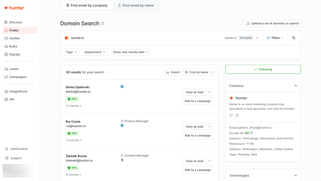 Hunter tool for LinkedIn emails